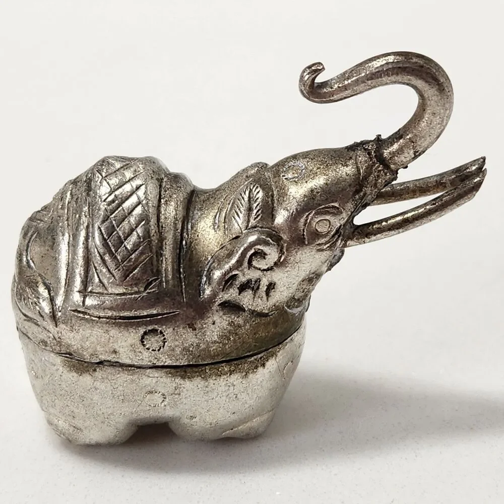 Cambodian Silver Tone Elephant Betel Nut Box Trinket Container Mid-Century